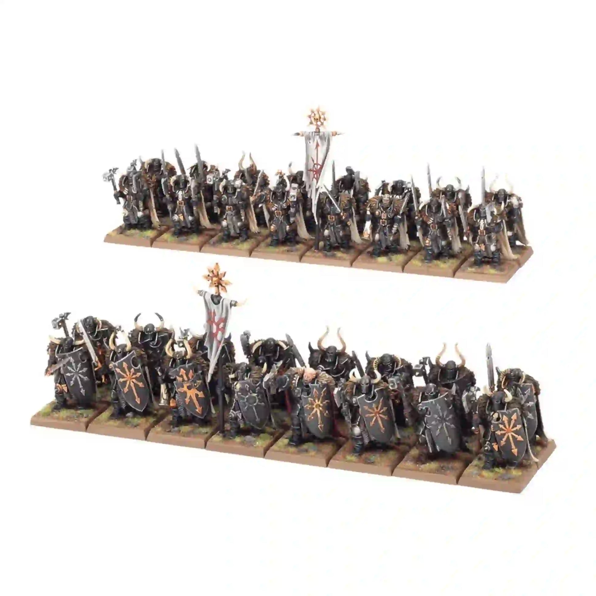 Close-up of Chaos Warriors units from the Warriors of Chaos Battalion, showcasing detailed armor and weapons in rank formation.