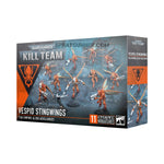 Warhammer 40K Kill Team: Vespid Stingwings box set featuring 11 fast and deadly T'au Empire alien auxiliaries for scale model kit building.