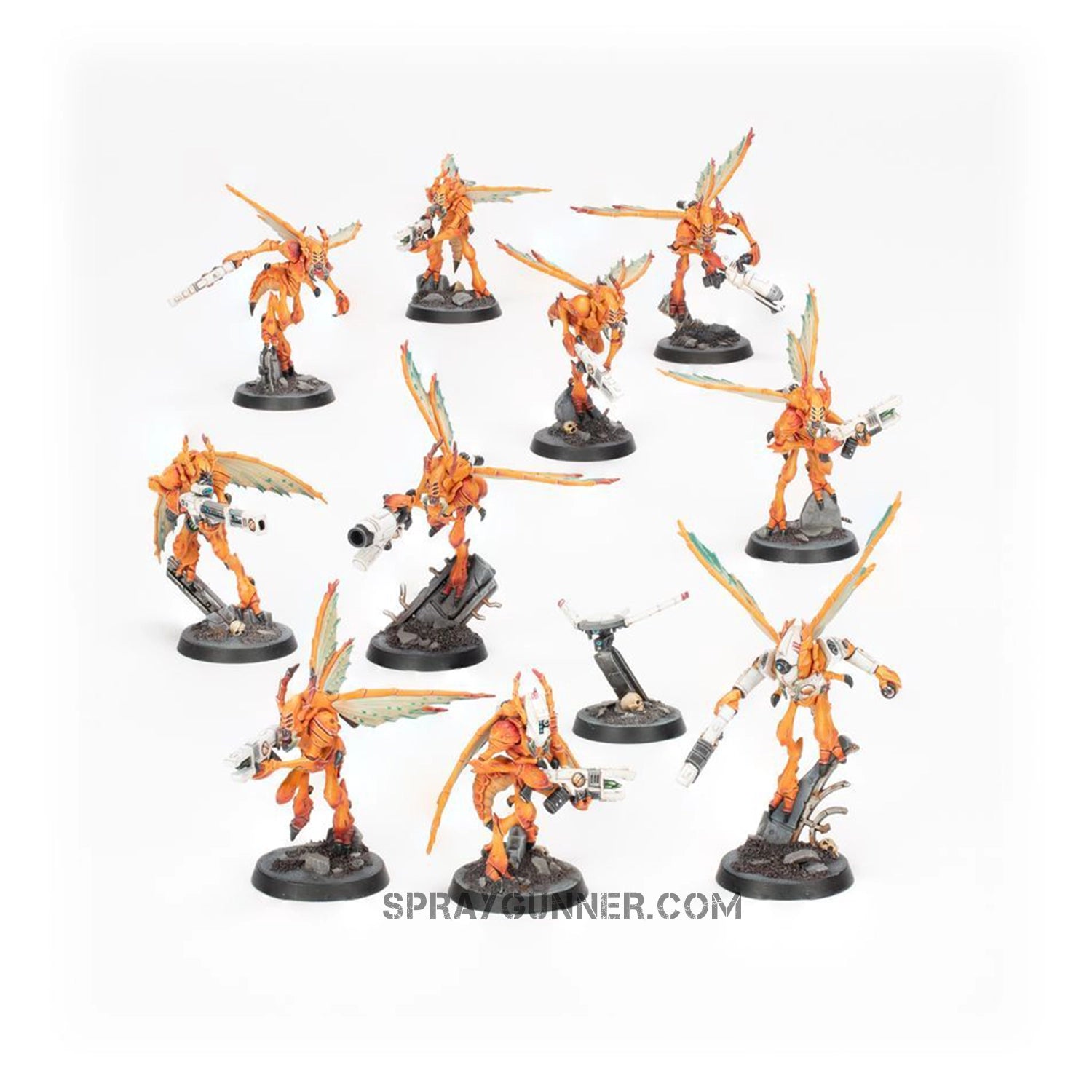 Eleven swift and lethal T'au Empire alien auxiliary units are included in the Warhammer 40K Kill Team: Vespid Stingwings box set for scale model kit construction.