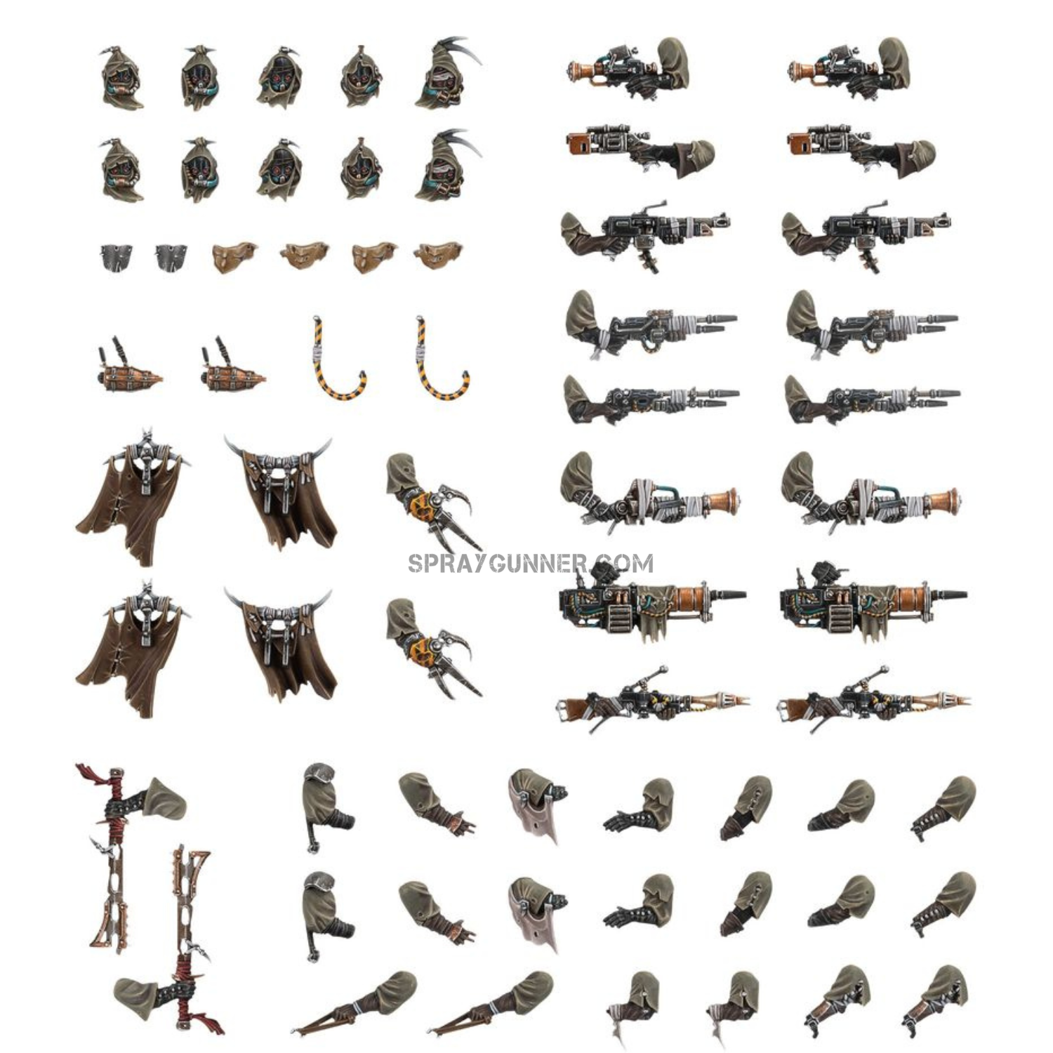 This set of 64 plastic upgrade parts for Citadel miniatures is part of the Warhammer 40k Necromunda Ash Waste Nomads Weapons & Upgrades. Perfect for personalizing gangs in Necromunda.