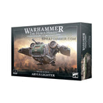 Warhammer Horus Heresy: Solar Auxilia Arvus Lighter transport vehicle scale model kit in retail packaging, ideal for tabletop wargaming collectors.