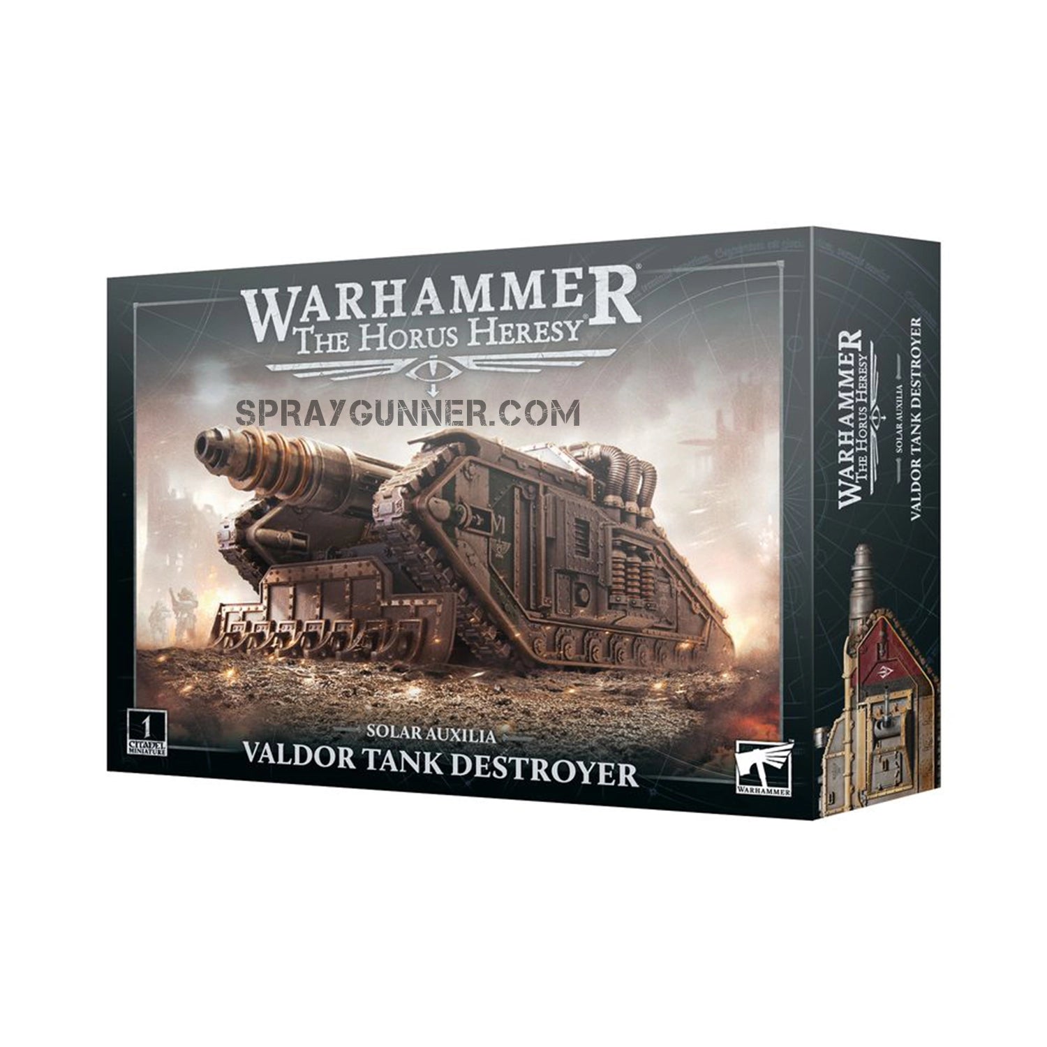 Warhammer Horus Heresy: Solar Auxilia Valdor Tank Destroyer scale model kit featuring a heavily armored anti-vehicle tank for tabletop wargaming.