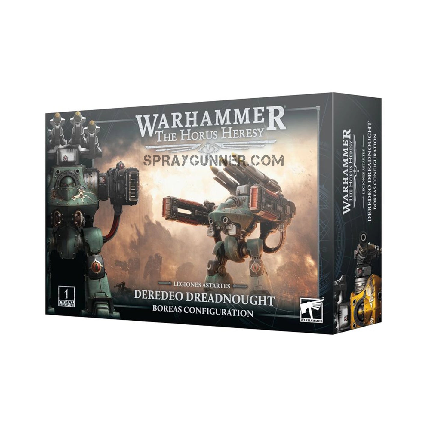 Warhammer Horus Heresy: Legiones Astartes Deredeo Dreadnought Boreas scale model kit box featuring detailed artwork of the mech in battle.