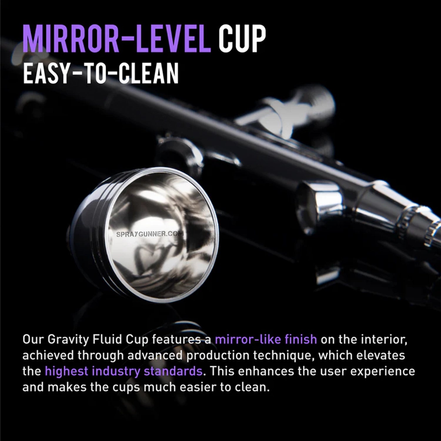 GAAHLERI GHAC-98D Ace Series Airbrush with mirror-level gravity fluid cup for precision painting. Features a smooth, easy-to-clean interior finish.