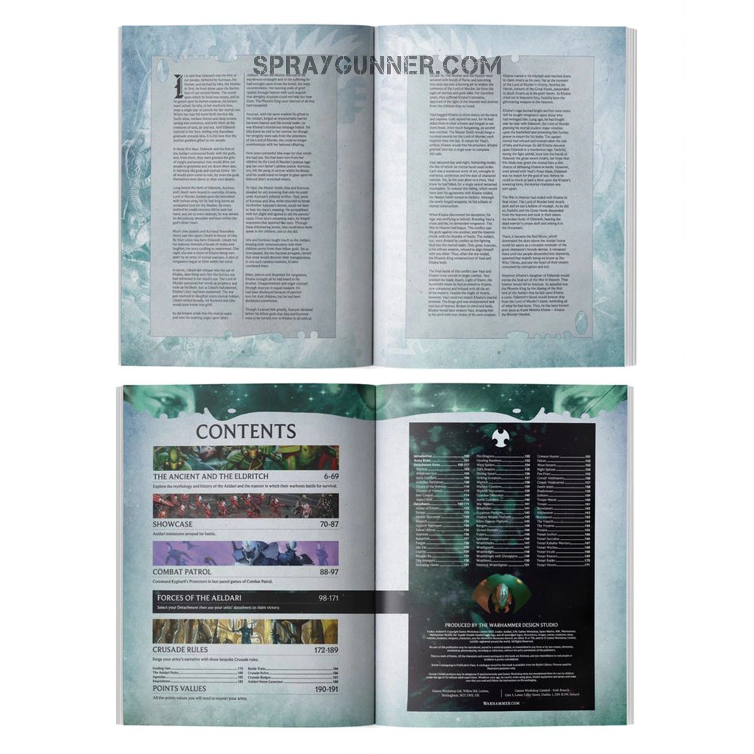 The English-language Warhammer 40K Codex: Aeldari guidebook includes comprehensive mythology, unit statistics, and tactics for the game's Aeldari factions.