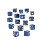 Astra Militarum Dice - Warhammer 40k Krieg 16-dice set featuring blue marbled design with white pips and imperial symbols, perfect for tabletop gaming.