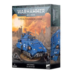 Warhammer 40K Space Marines Gladiator Valiant scale model kit featuring a heavily armored blue tank with powerful weaponry for battlefield dominance.