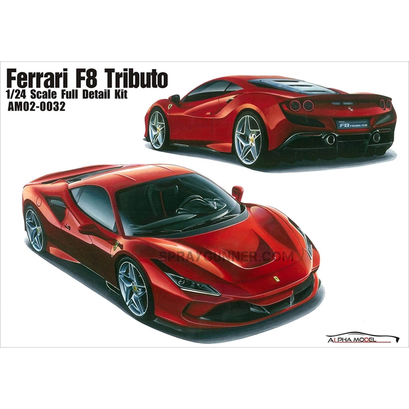 ALPHA MODEL 1/24 scale model car kit Ferrari F8 Tributo featuring a highly detailed replica of the luxury sports car. Perfect for model enthusiasts and collectors.
