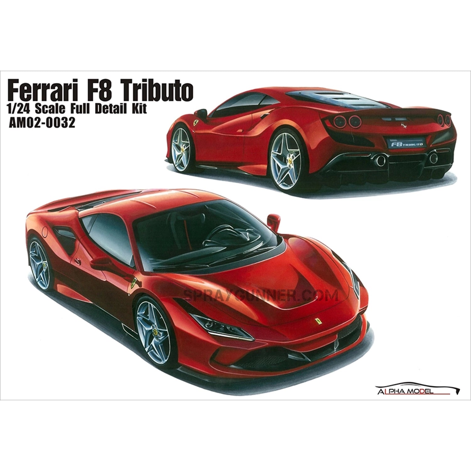 ALPHA MODEL 1/24 scale model car kit Ferrari F8 Tributo featuring a highly detailed replica of the luxury sports car. Perfect for model enthusiasts and collectors.
