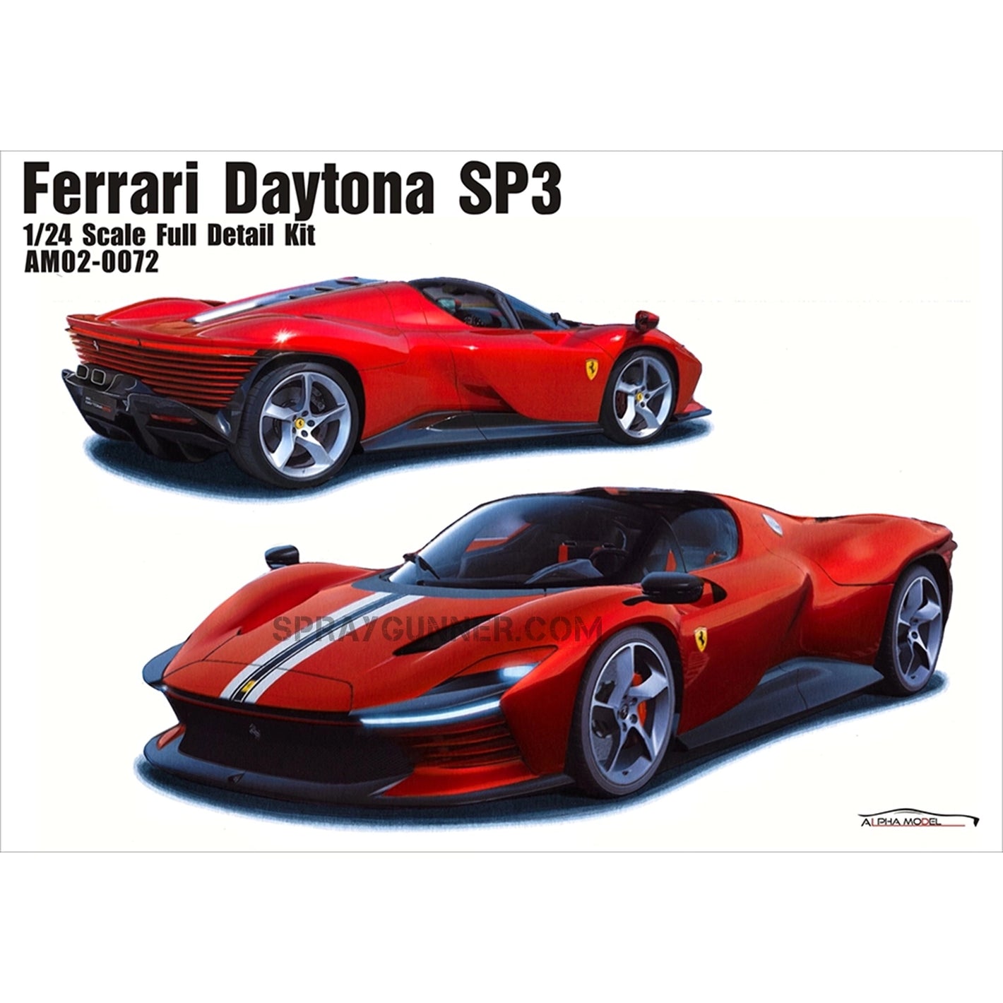ALPHA MODEL 1/24 scale model car kit Ferrari Daytona SP3 featuring a highly detailed replica of the luxury sports car. Perfect for model enthusiasts and collectors.