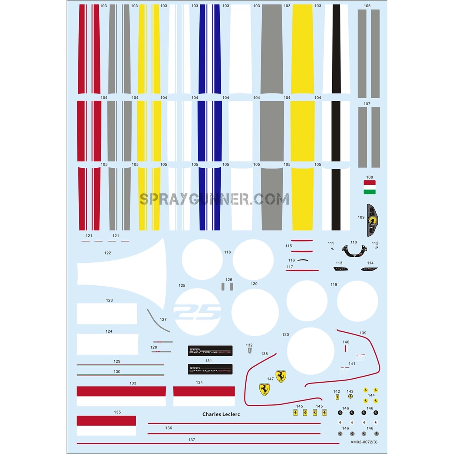 ALPHA MODEL 1/24 scale model car kit Ferrari Daytona SP3 decal sheet featuring racing stripes, logos, and numbering details for customization.