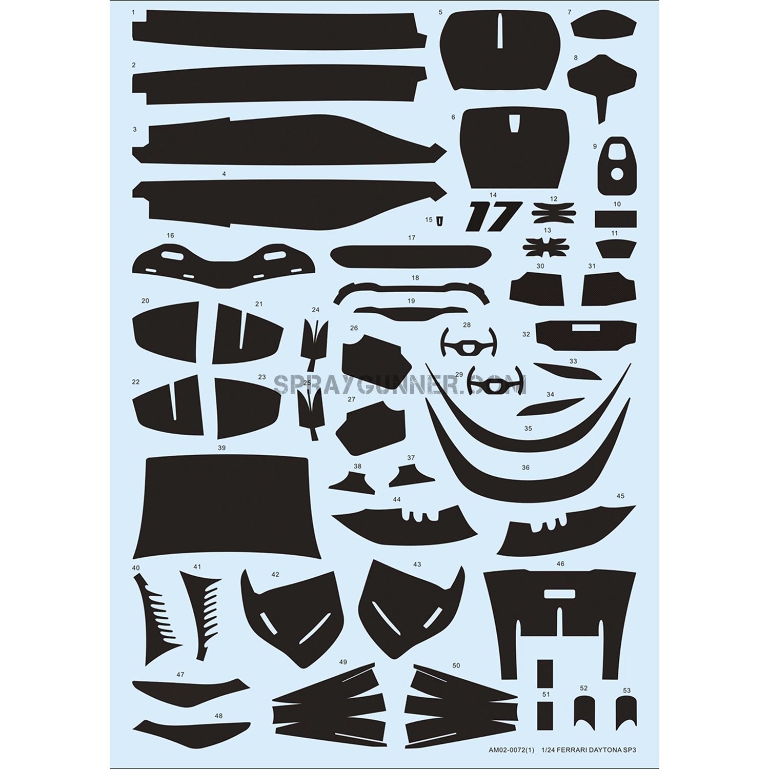 ALPHA MODEL A 1/24 size model automobile kit Ferrari Daytona SP3 decal sheet with customizable racing stripes, logos, and numbering.