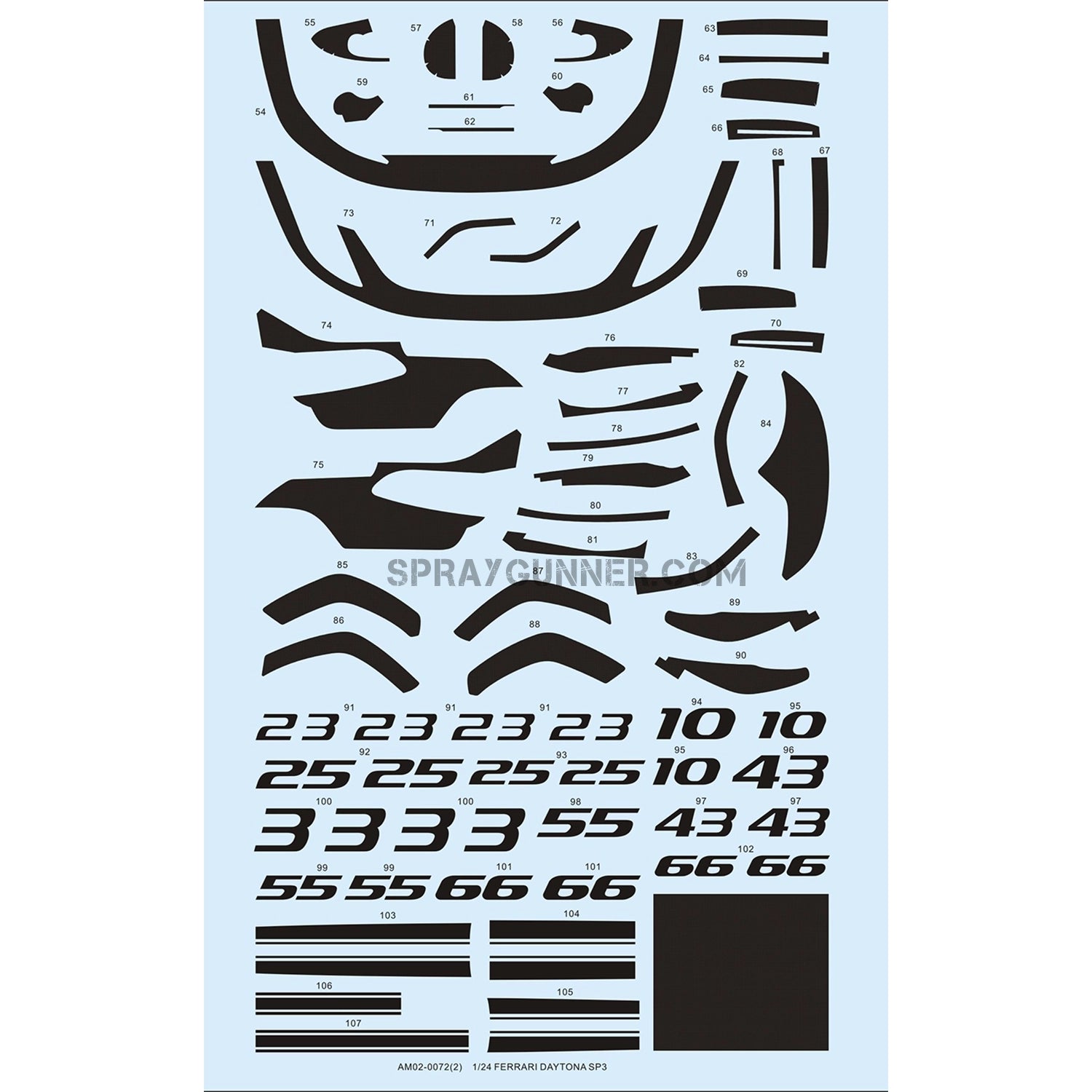 Ferrari Daytona SP3 decal sheet for ALPHA MODEL 1/24 size model vehicle kit with customizable racing stripes, logos, and numbers features.