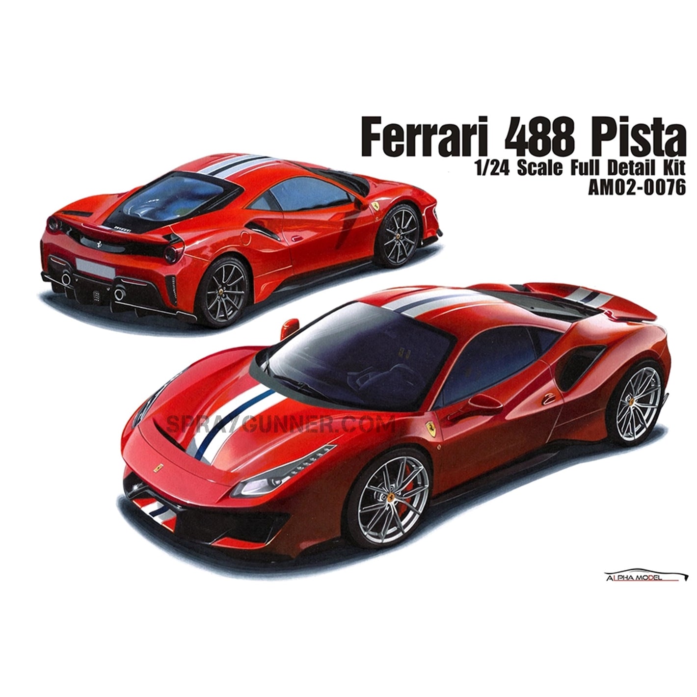 ALPHA MODEL 1/24 scale model car kit of Ferrari 488 Pista featuring a highly detailed replica with red exterior and racing stripes.