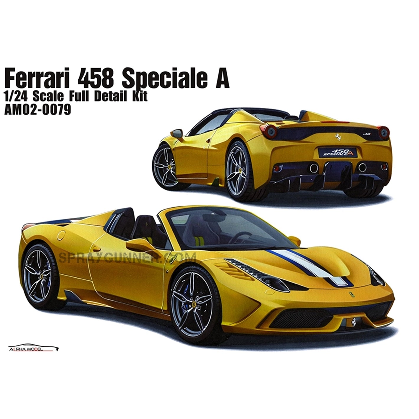Illustration of ALPHA MODEL 1/24 scale model kit Ferrari 458 Speciale A in yellow, showcasing front and rear views of the completed model.
