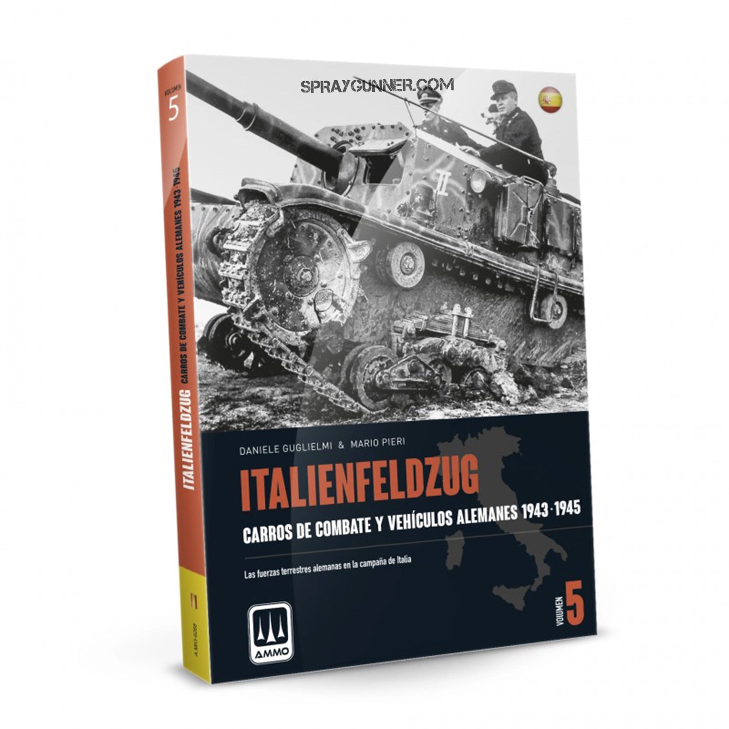 AMMO by MIG Publications ITALIENFELDZUG book covering German tanks and vehicles from 1943-1945. Spanish-language military reference for scale modelers.