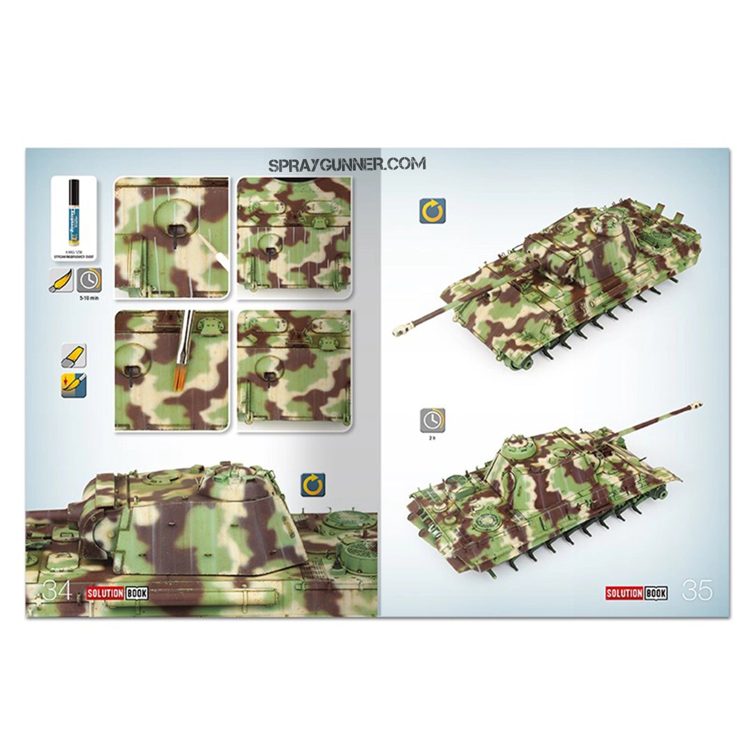 The detailed painting methods for WWII German late-war vehicles with realistic weathering effects are demonstrated in AMMO by MIG SOLUTION BOOK 23.