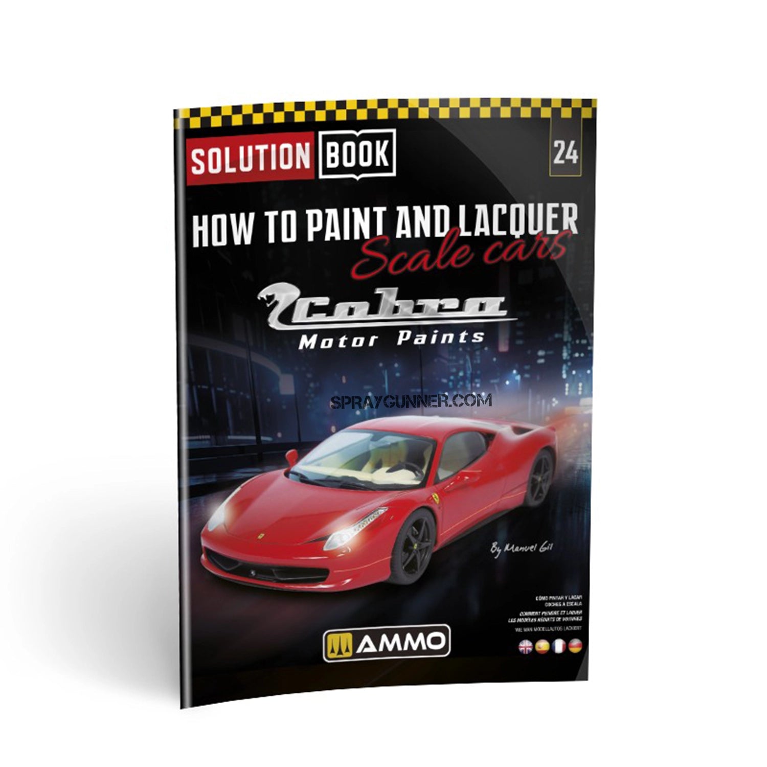 AMMO by MIG SOLUTION BOOK 24 – How to Paint and Lacquer scale cars cover featuring a red Ferrari model and Cobra Motor Paints branding.