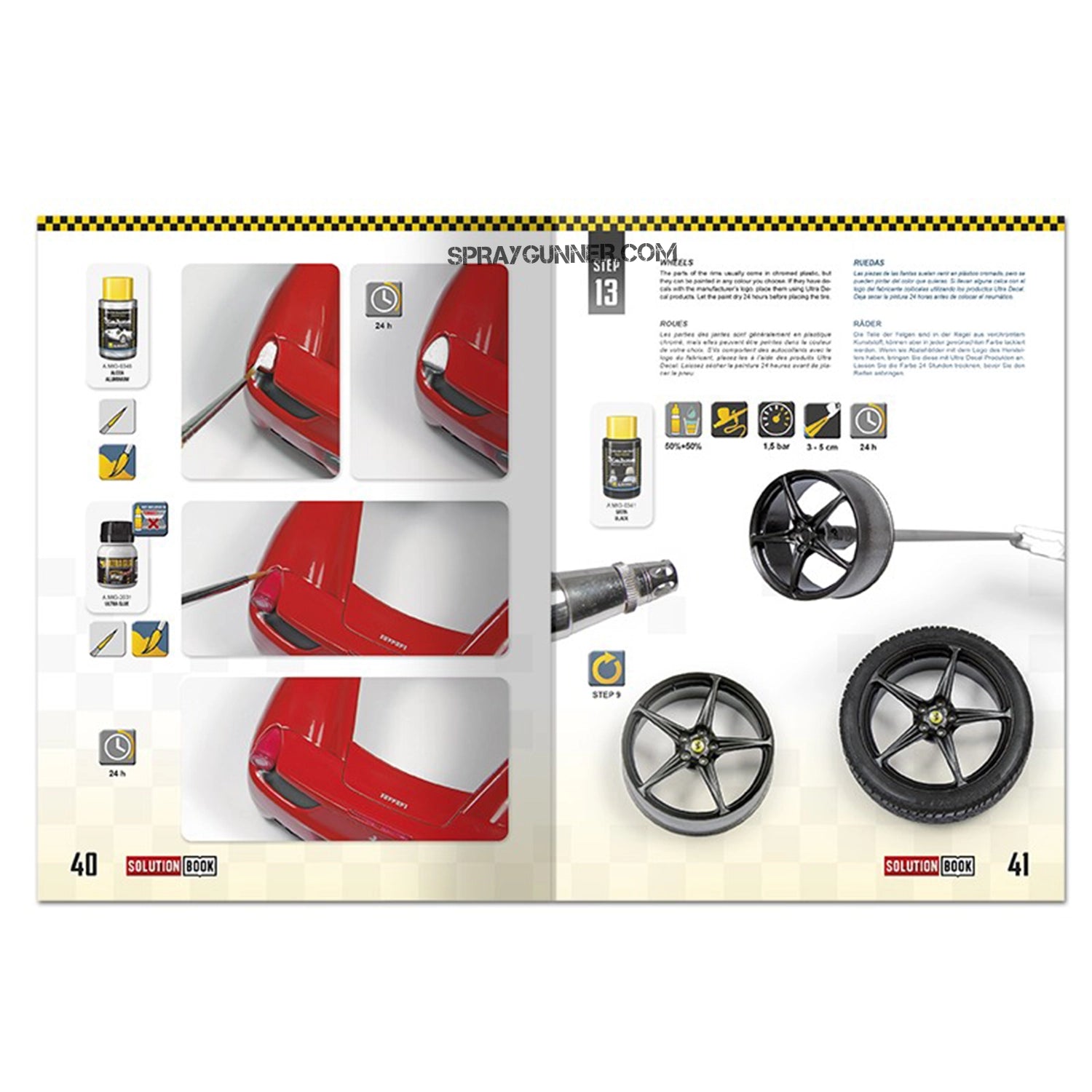 Using sanding equipment to polish model car bodies step-by-step is demonstrated in AMMO by MIG SOLUTION BOOK 24: How to Paint and Lacquer Scale Cars.