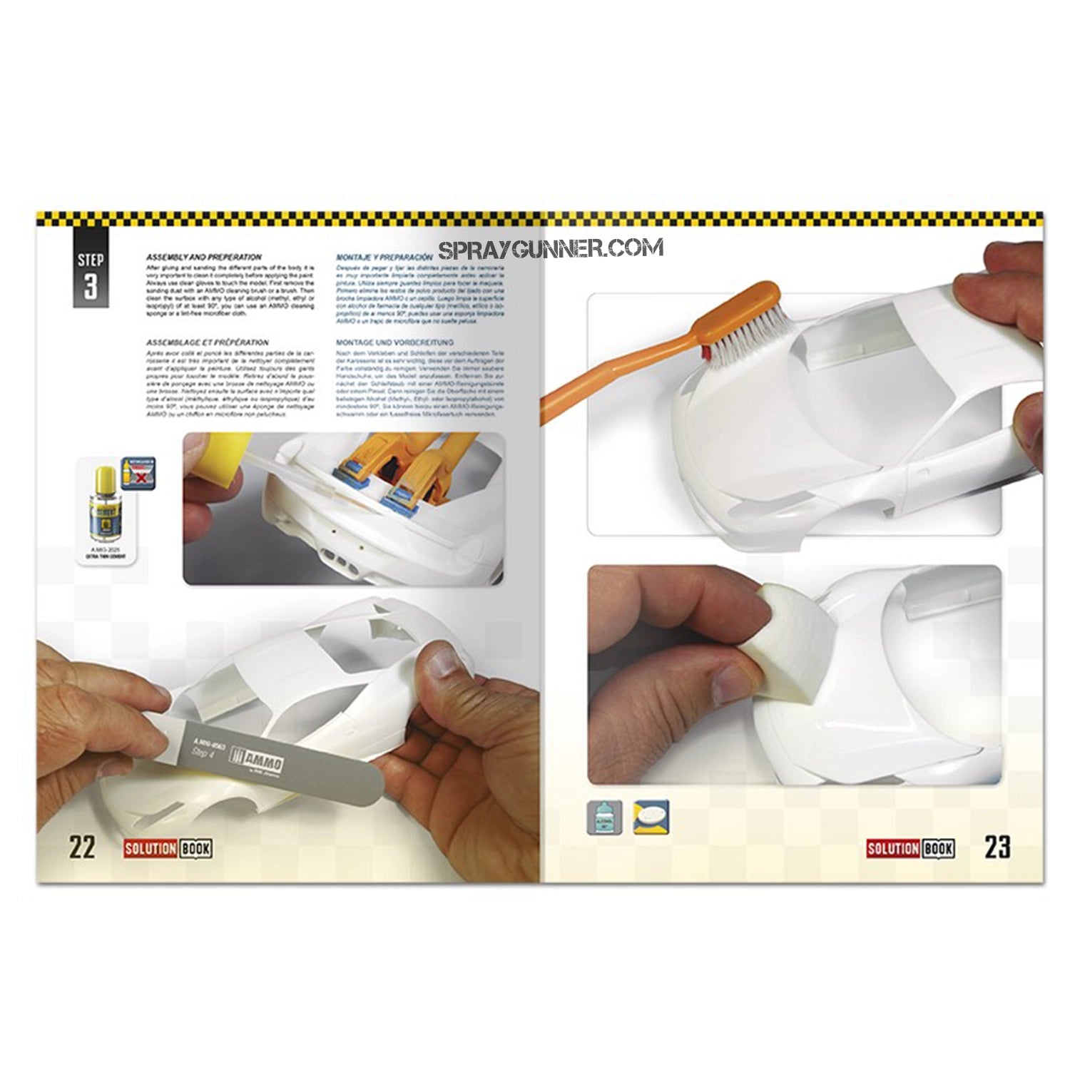 With a red Ferrari model and Cobra Motor Paints branding, AMMO by MIG SOLUTION BOOK 24: How to Paint and Lacquer Scale Car Cover is shown.