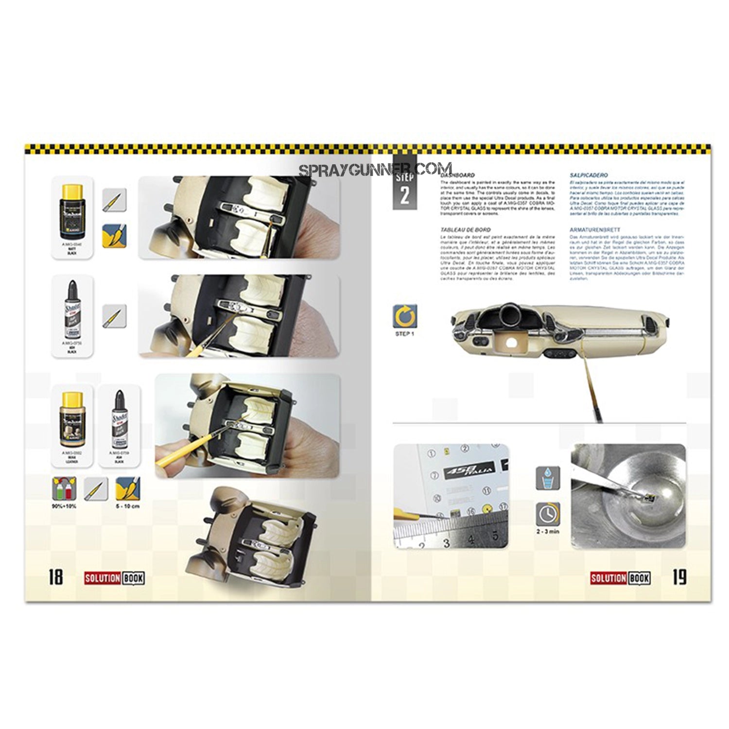 AMMO by MIG SOLUTION BOOK 24: How to Paint and Lacquer a Scale Car Cover with a red Ferrari model and the Cobra Motor Paints logo.