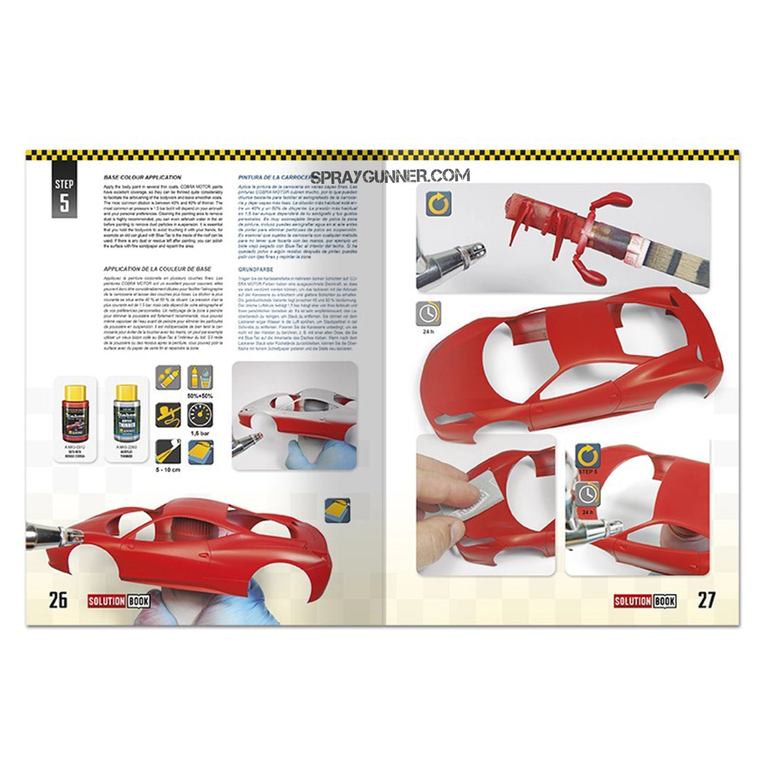 Using a red Ferrari model and the Cobra Motor Paints logo, AMMO by MIG SOLUTION BOOK 24: How to Paint and Lacquer Scale Car Cover.