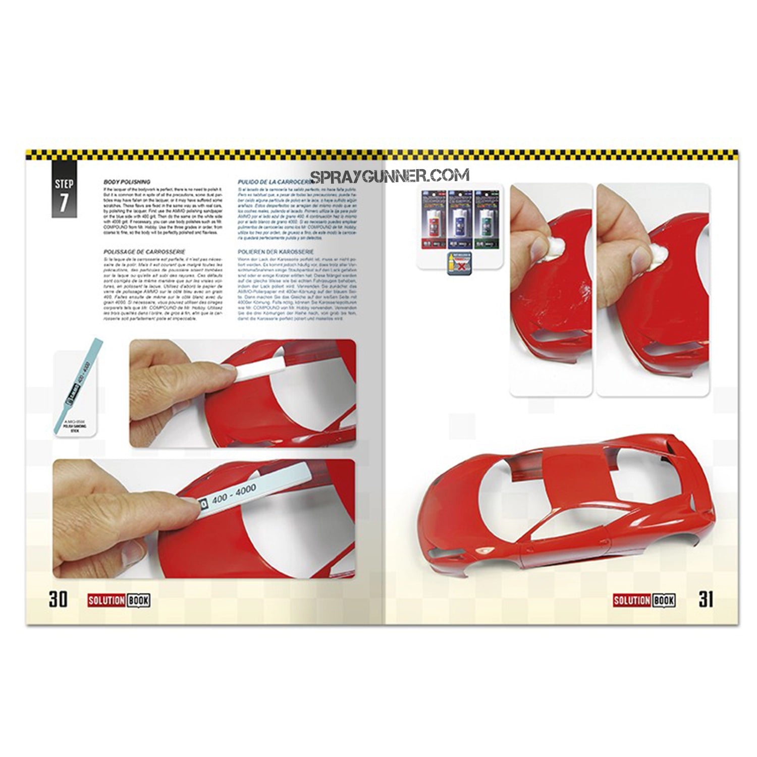 AMMO by MIG SOLUTION BOOK 24 – How to Paint and Lacquer scale cars shows step-by-step polishing techniques for model car bodies using sanding tools.