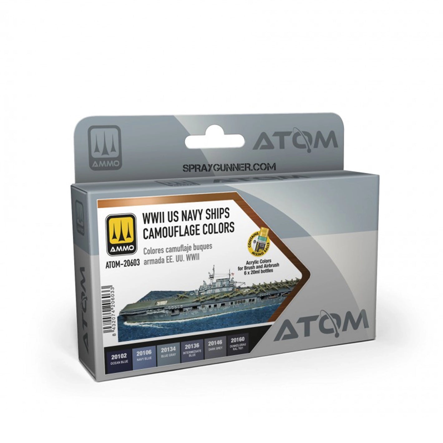 ATOM WWII US Navy Ships Camouflage Colors Set featuring authentic airbrush paints for replicating WWII naval vessel camouflage patterns.