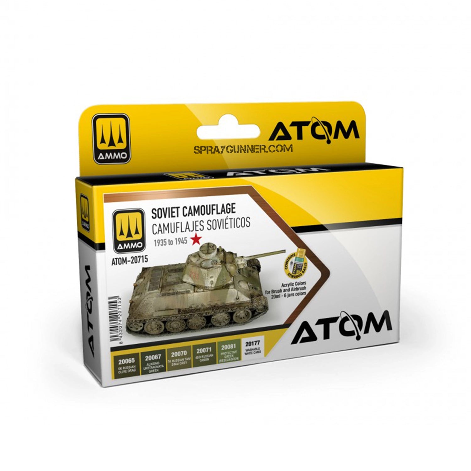 ATOM 1935-1945 Soviet Camouflage Colors Set for airbrush painting, featuring authentic WWII Soviet military vehicle camouflage paints.