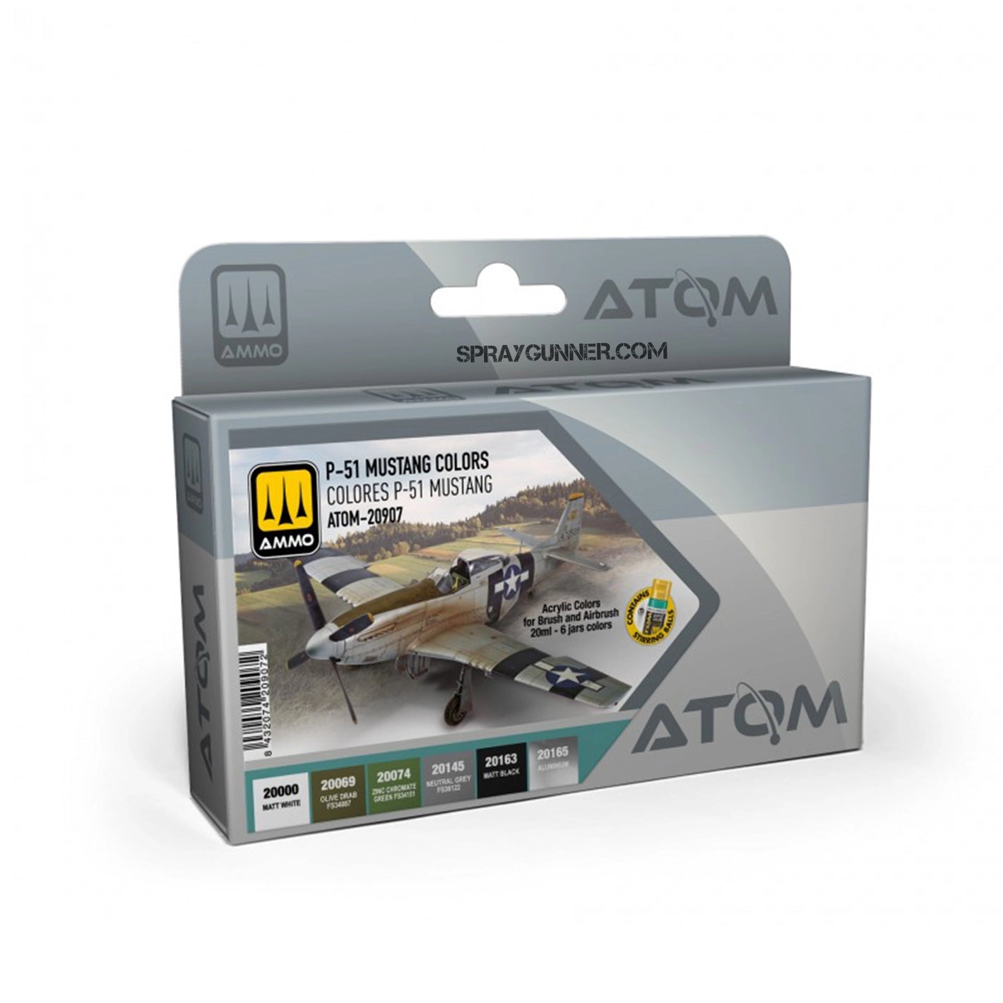 ATOM P-51 Mustang Colors Set airbrush paint for model aircraft. High-quality acrylic paints for accurately detailing the iconic WWII fighter.