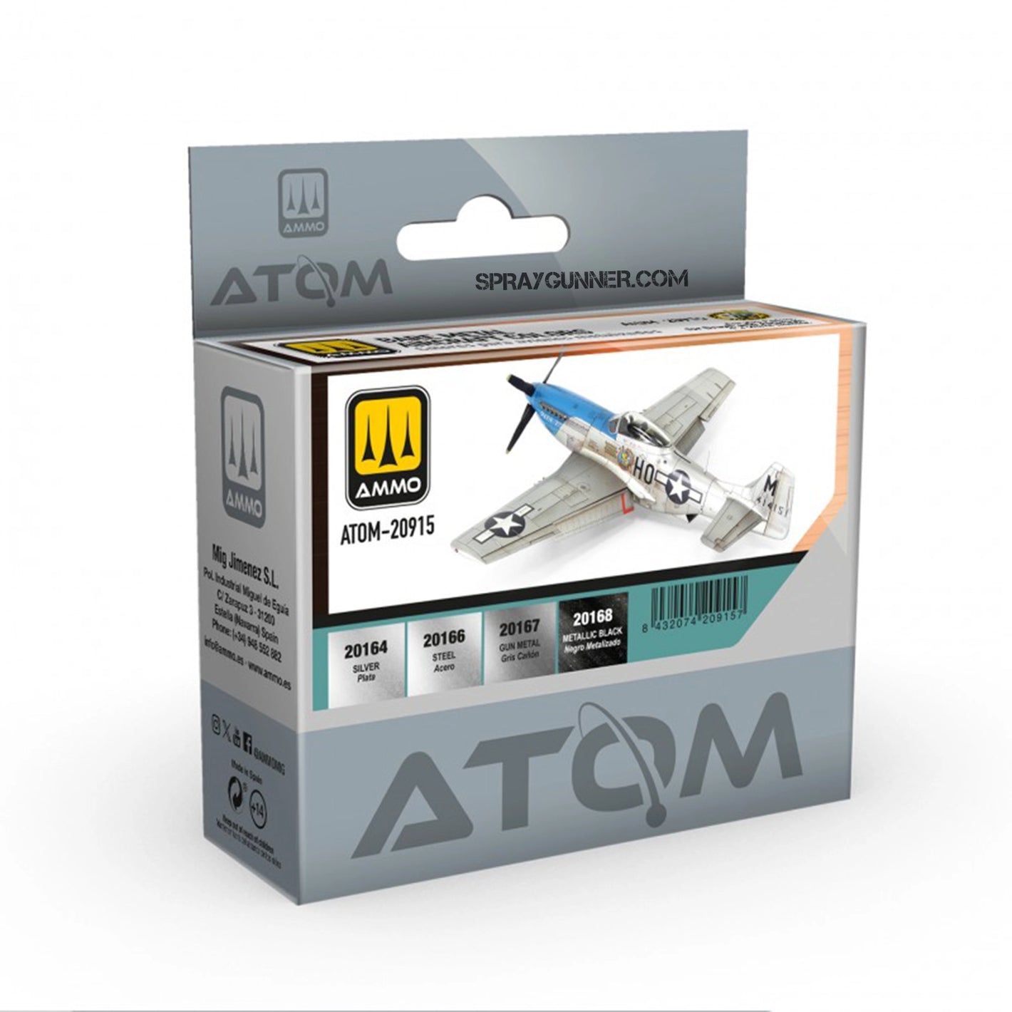 ATOM Bare Metal Aircraft Colors Set featuring realistic metallic finishes for model aircraft. Includes silver, steel, dark aluminum, and jet exhaust black shades.