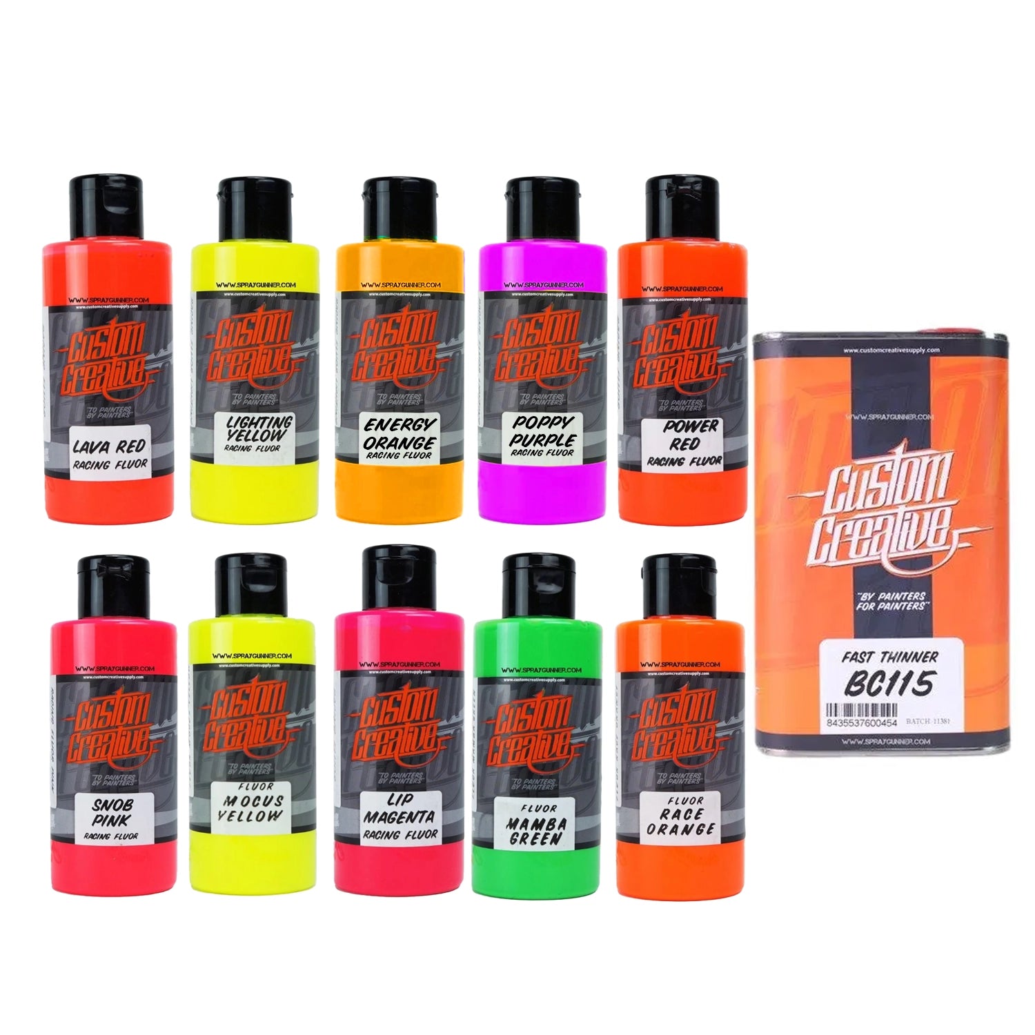 Custom Creative Solvent-Based Racing Fluorescents Set (10 150ml colors + 1 L thinner) - SprayGunner