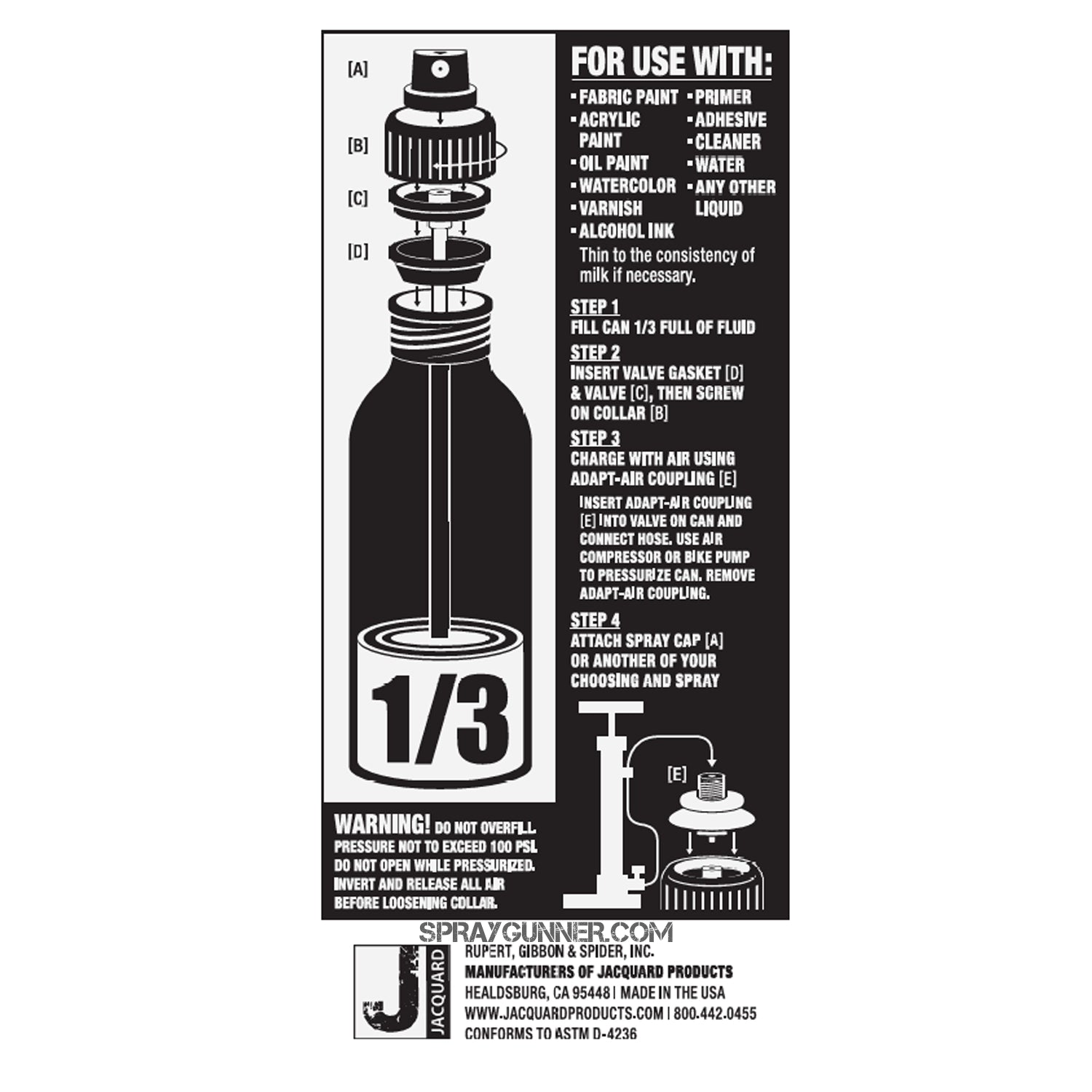 Instructional diagram for YouCAN by Jacquard Refillable Air Powered Spray Can. Details on assembly, usage, and compatible liquids for spraying.