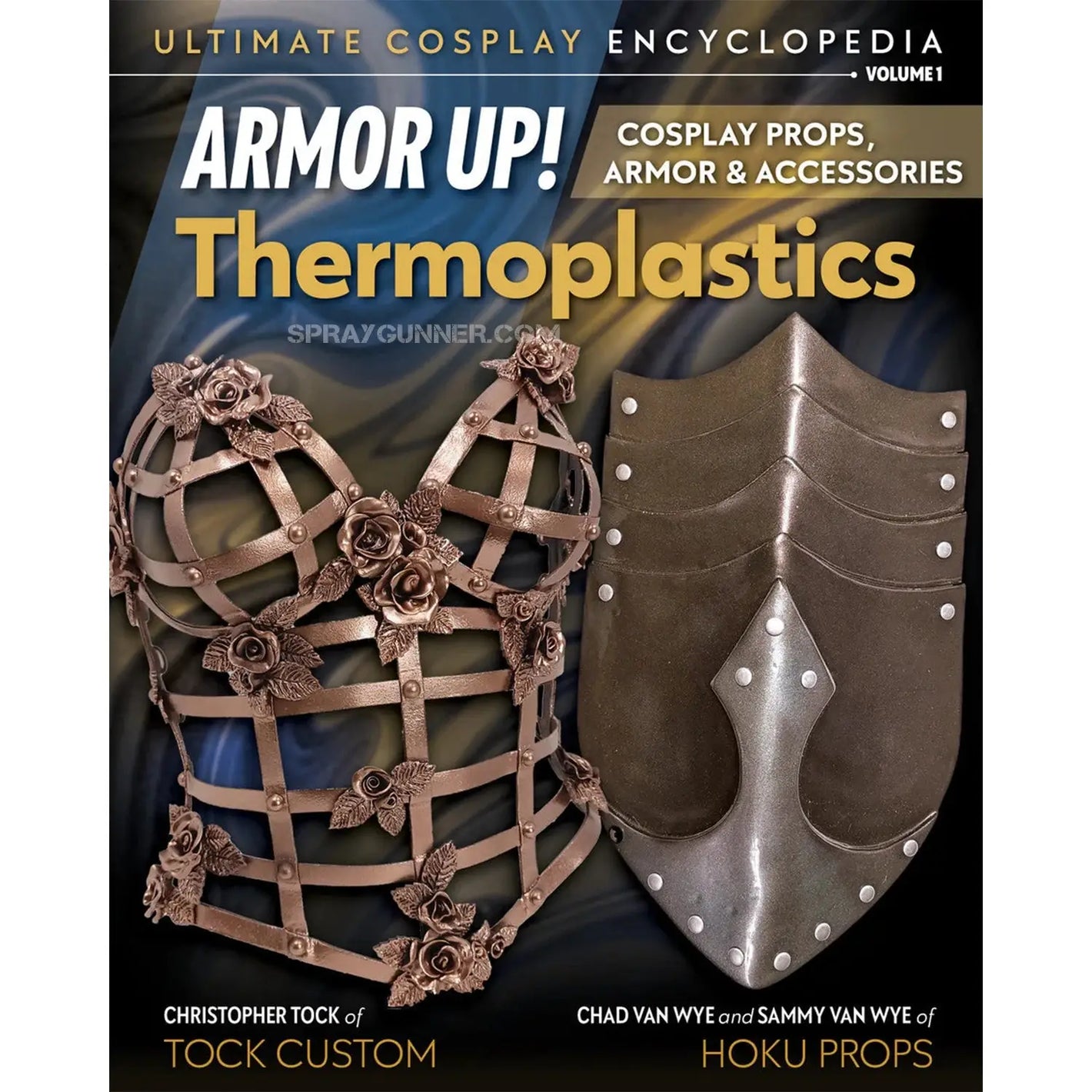 Ultimate Cosplay Encyclopedia Vol. 1: Armor Up! Thermoplastics book cover featuring a floral thermoplastic corset and medieval-style armor shield.