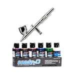 Iwata Eclipse HP-CS Bundle with Candy2O Primary Set, featuring a precision airbrush and six vibrant Createx candy colors for professional airbrushing.