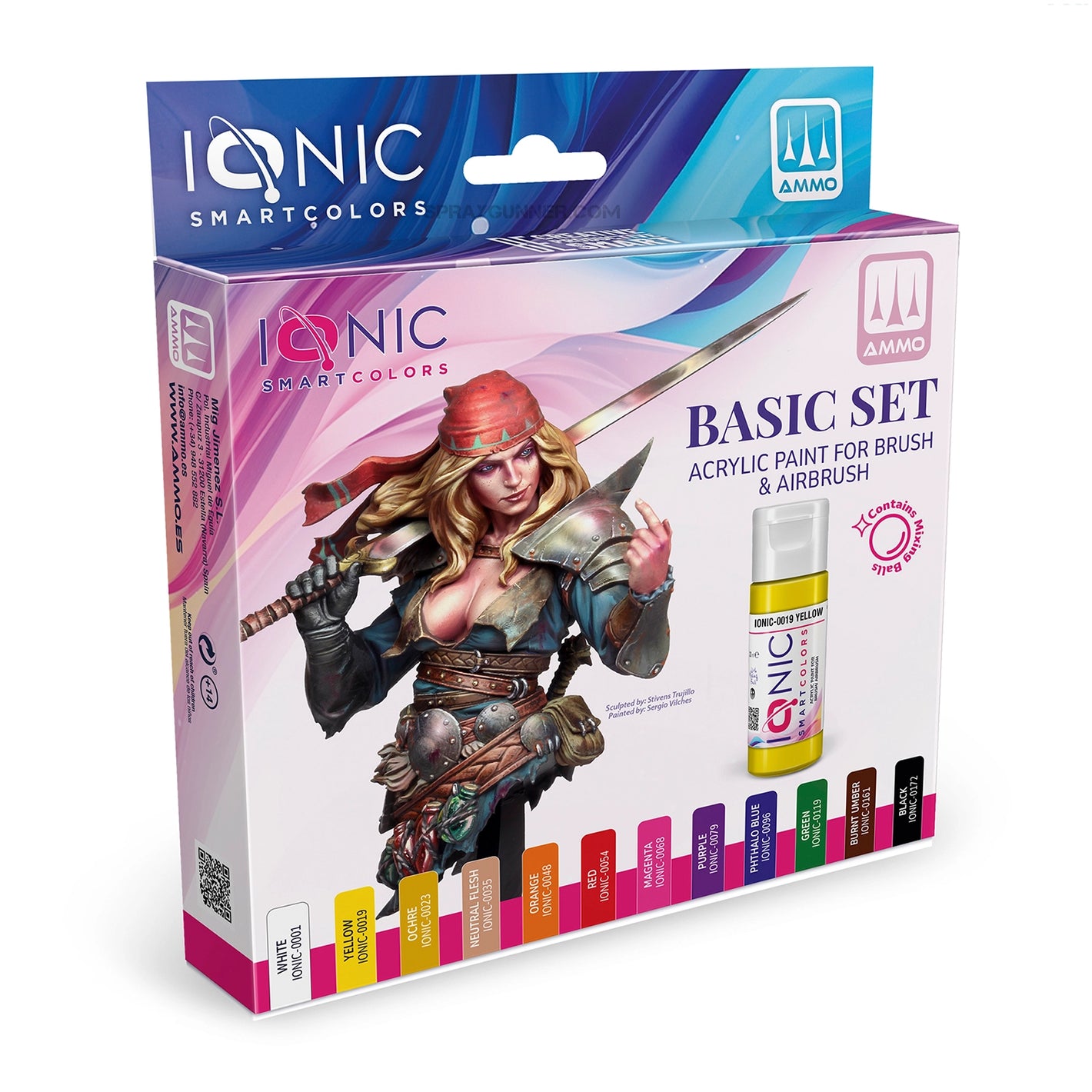IONIC Basic Paint Set for Miniatures + NO-NAME Synthetic Round Brush Set - SprayGunner