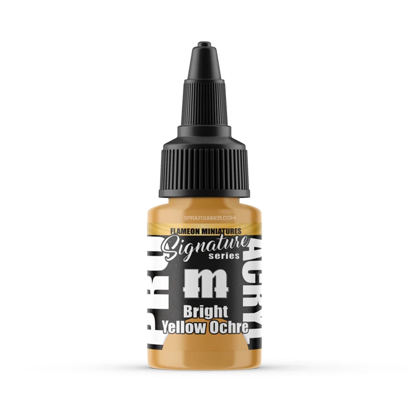 MONUMENT HOBBIES Pro Acryl Signature Series Flameon Bright Yellow Ochre paint bottle. High-quality acrylic paint for miniatures, models, and wargaming.