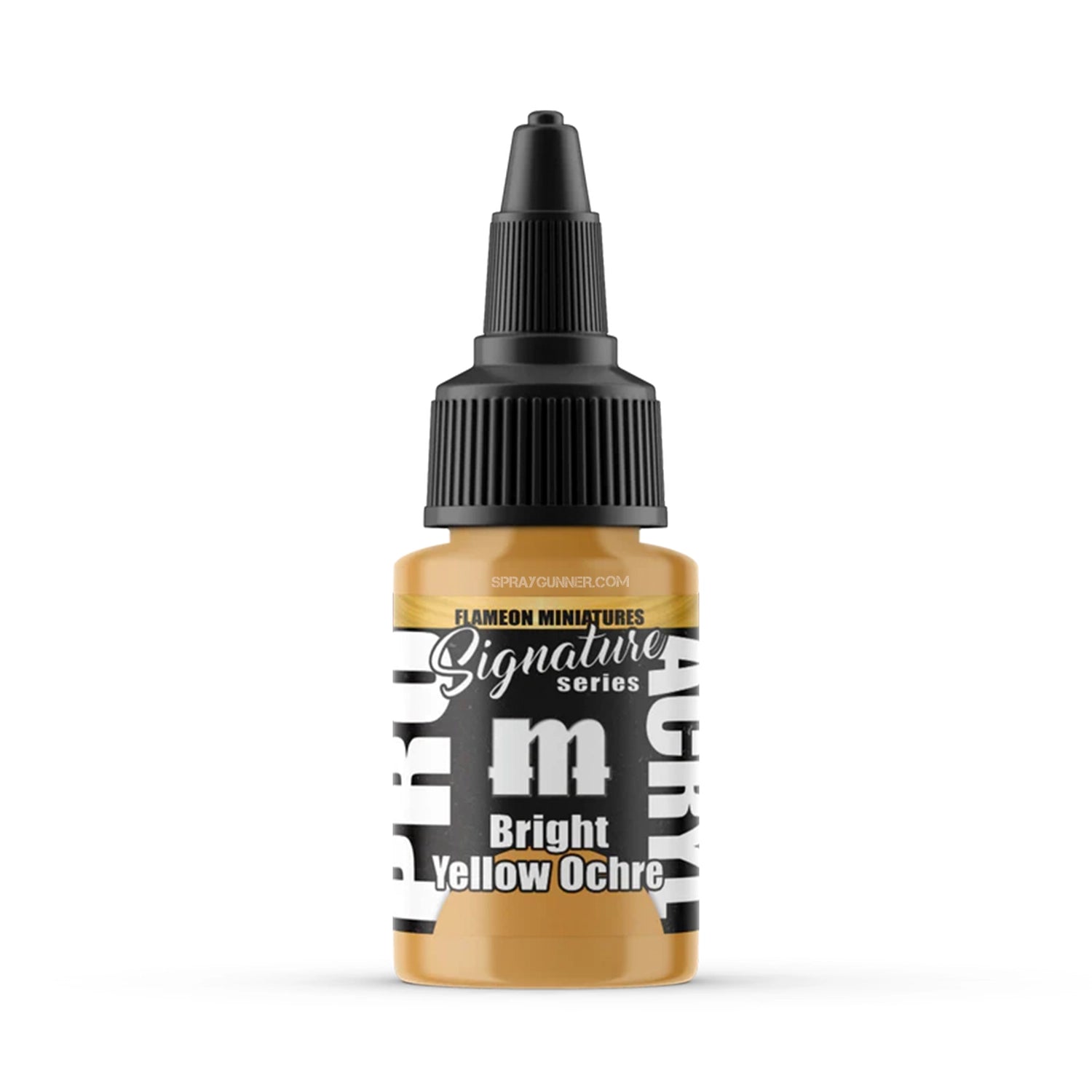 MONUMENT HOBBIES Pro Acryl Signature Series Flameon Bright Yellow Ochre paint bottle. High-quality acrylic paint for miniatures, models, and wargaming.