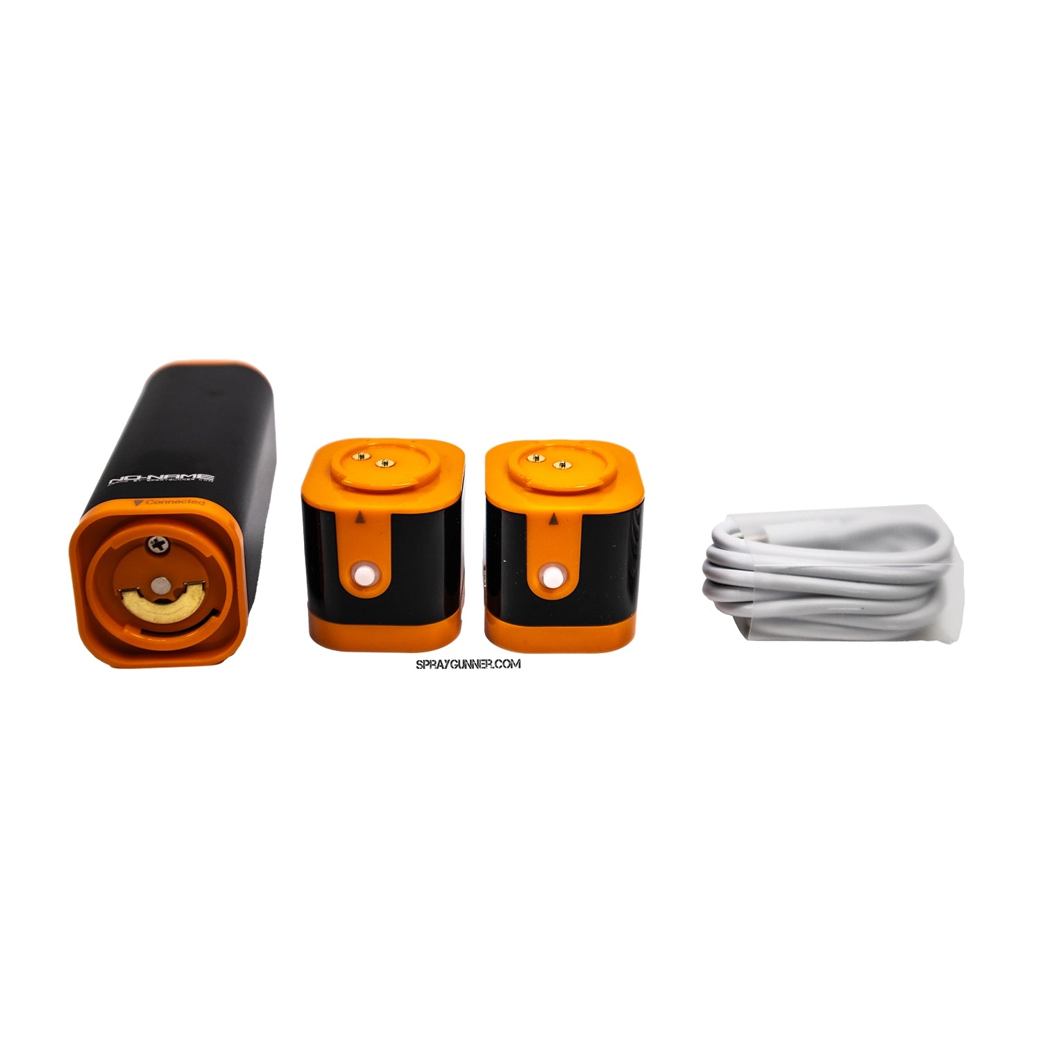 A cordless, battery-powered airbrush compressor of the NO-NAME brand. This black and orange design is compact and portable, making it ideal for intricate airbrush work.