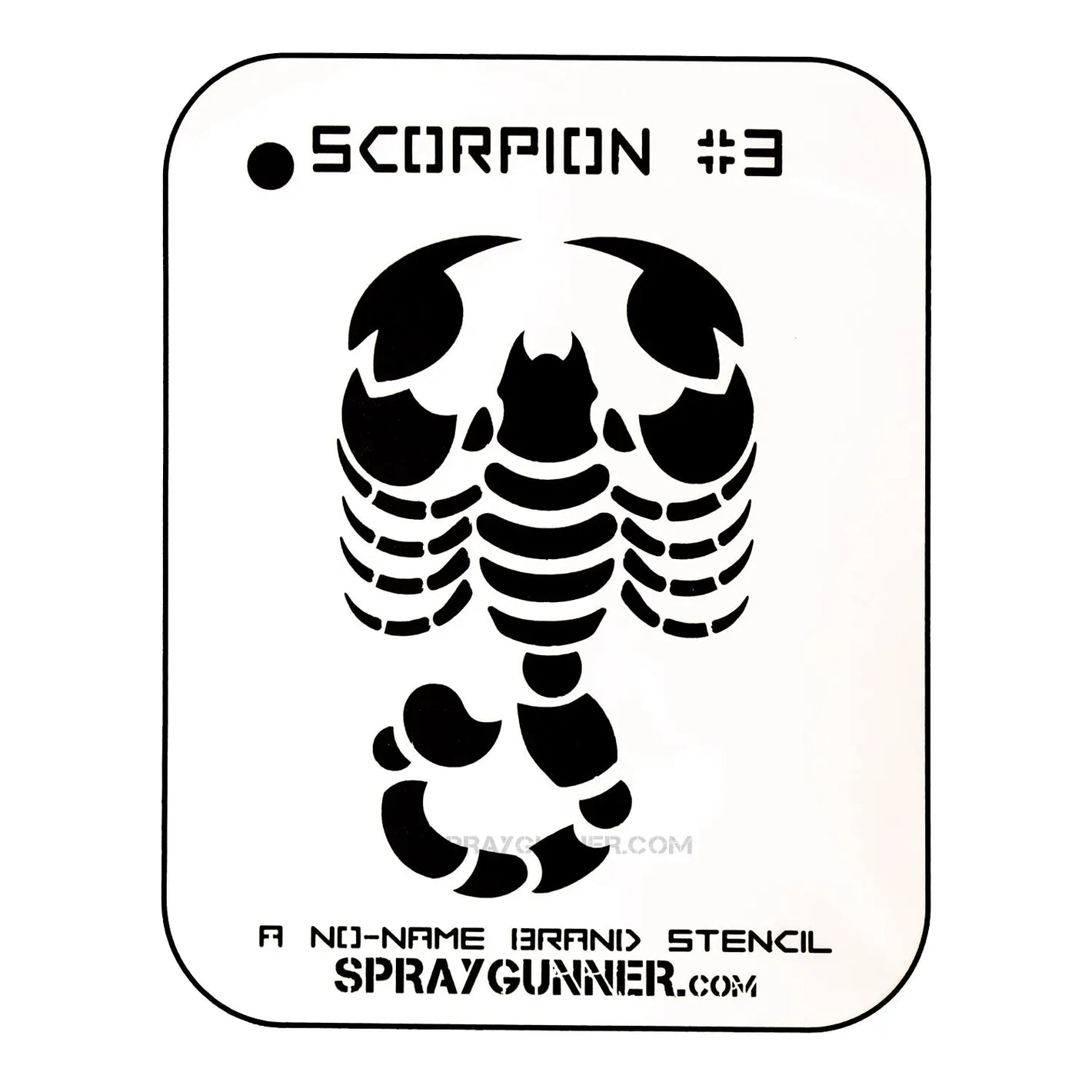 NO-NAME Brand Scorpion Stencil #3 featuring a bold, symmetrical scorpion design ideal for airbrushing and body art projects. Durable and reusable stencil for hobbyists and artists.