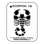 NO-NAME Brand Scorpion Stencil #3 featuring a bold, symmetrical scorpion design ideal for airbrushing and body art projects. Durable and reusable stencil for hobbyists and artists.