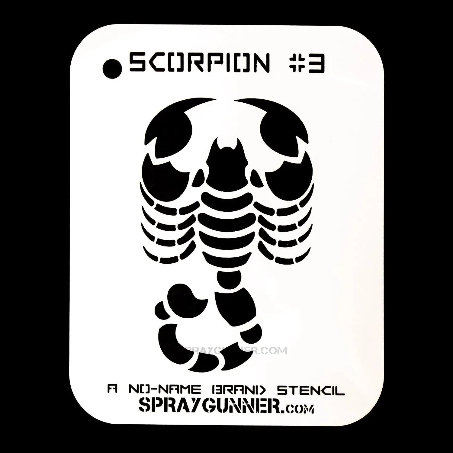 NO-NAME Brand Scorpion Stencil #3 featuring a bold, symmetrical scorpion design ideal for airbrushing and body art projects. Durable and reusable stencil for hobbyists and artists.
