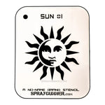 Sun Stencil NO-NAME features a bold sun face design on solvent-proof mylar, ideal for airbrushing, cosplay, and hobby stencil projects.