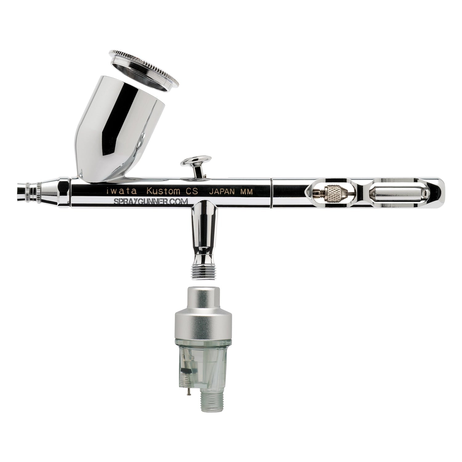 The chrome-bodied, nozzle-equipped IWATA VAULT KUSTOM CS Gravity Feed Dual Action Airbrush is open and visible in front of a branded packaging box.