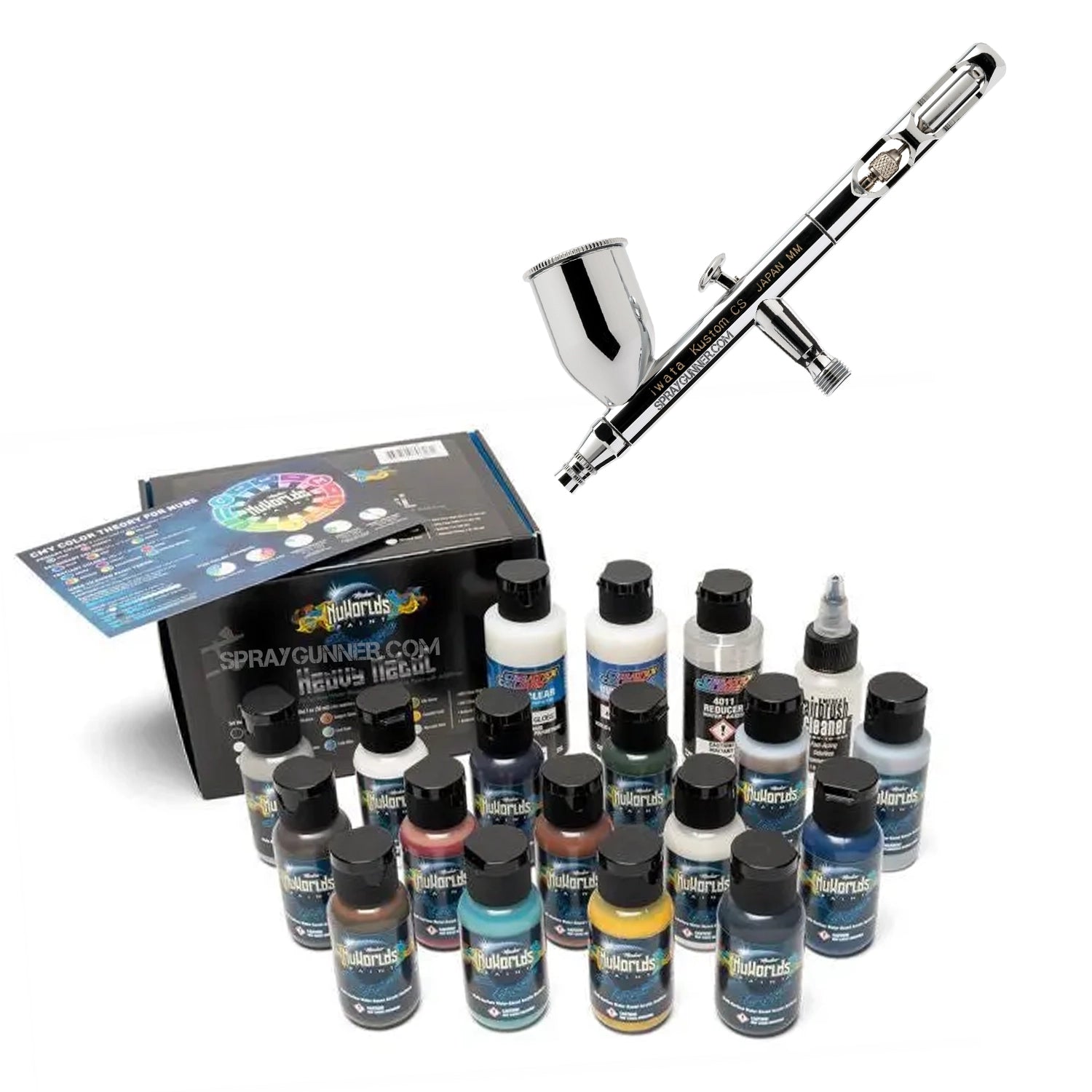 Visible in front of a branded packaging box is the chrome-bodied, nozzle-equipped IWATA VAULT KUSTOM CS Gravity Feed Dual Action Airbrush.