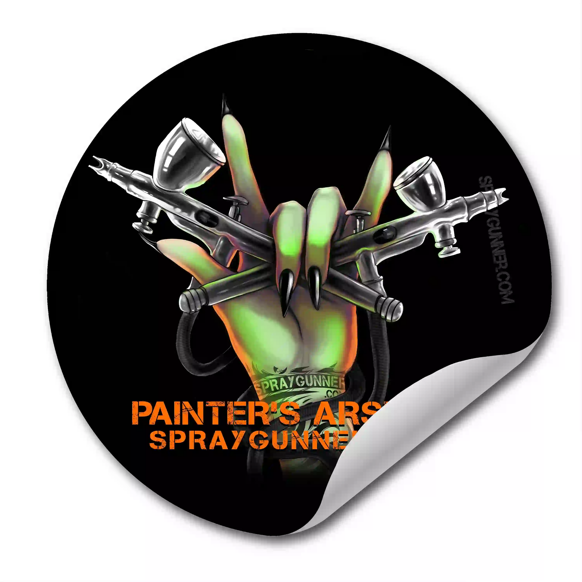 Durable SprayGunner Exclusive Monster Airbrush Sticker with curled edge, ideal for artists and hobbyists to decorate surfaces with bold style.