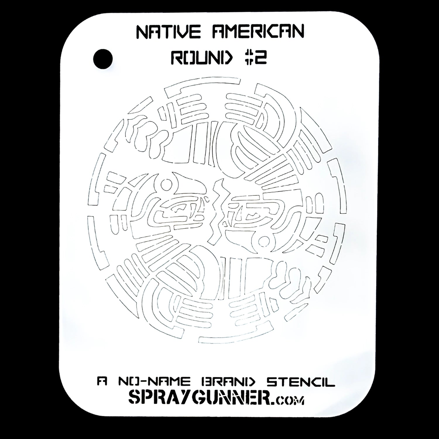 The Native American Round Stencil #2 from NO-NAME Brand is a symmetrical tribal design that is perfect for accurate airbrushing. Ideal for cosplay and hobbies.
