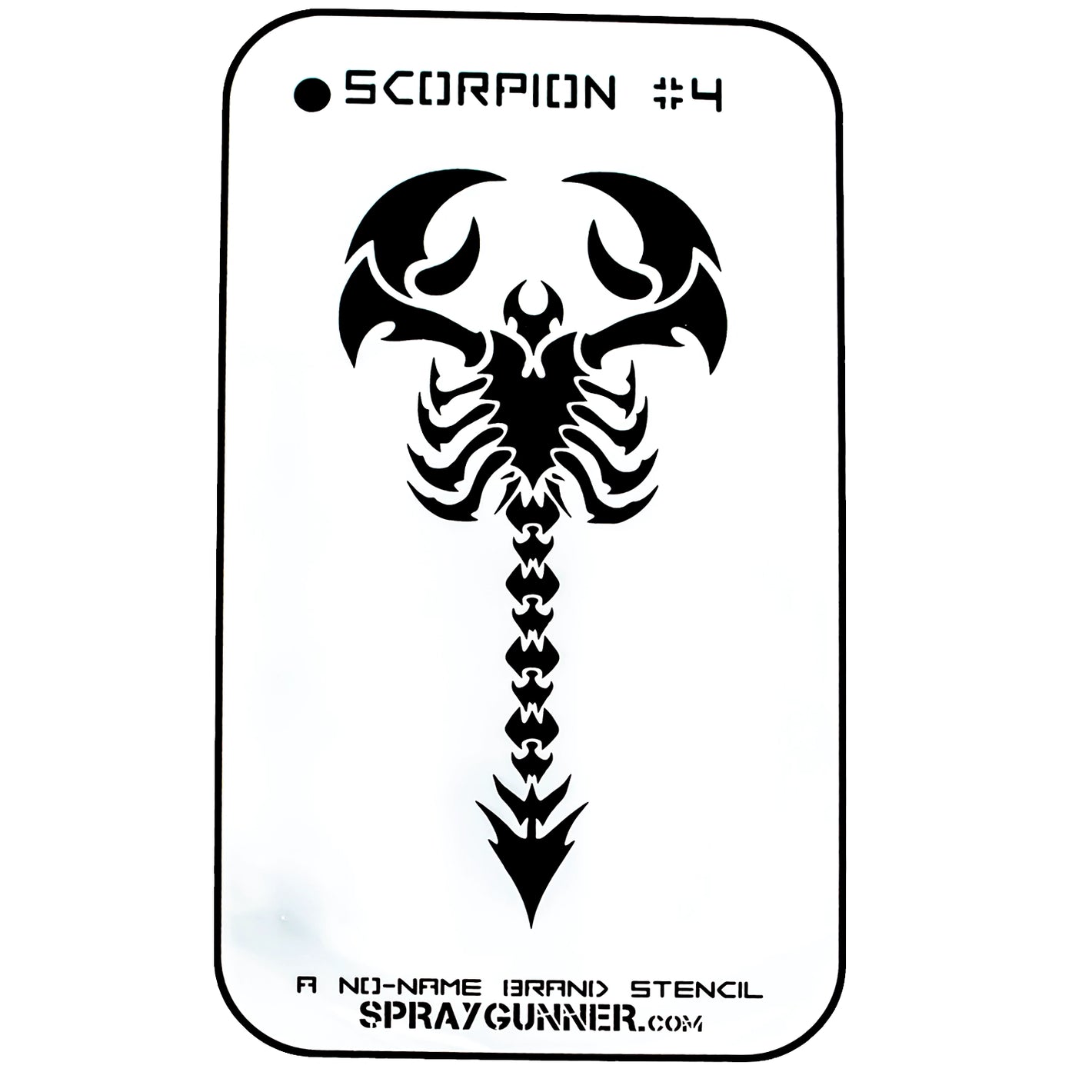 NO-NAME Brand Scorpion Stencil #4 features a bold, symmetrical scorpion design ideal for airbrushing and body art projects. Durable and reusable for hobby use.
