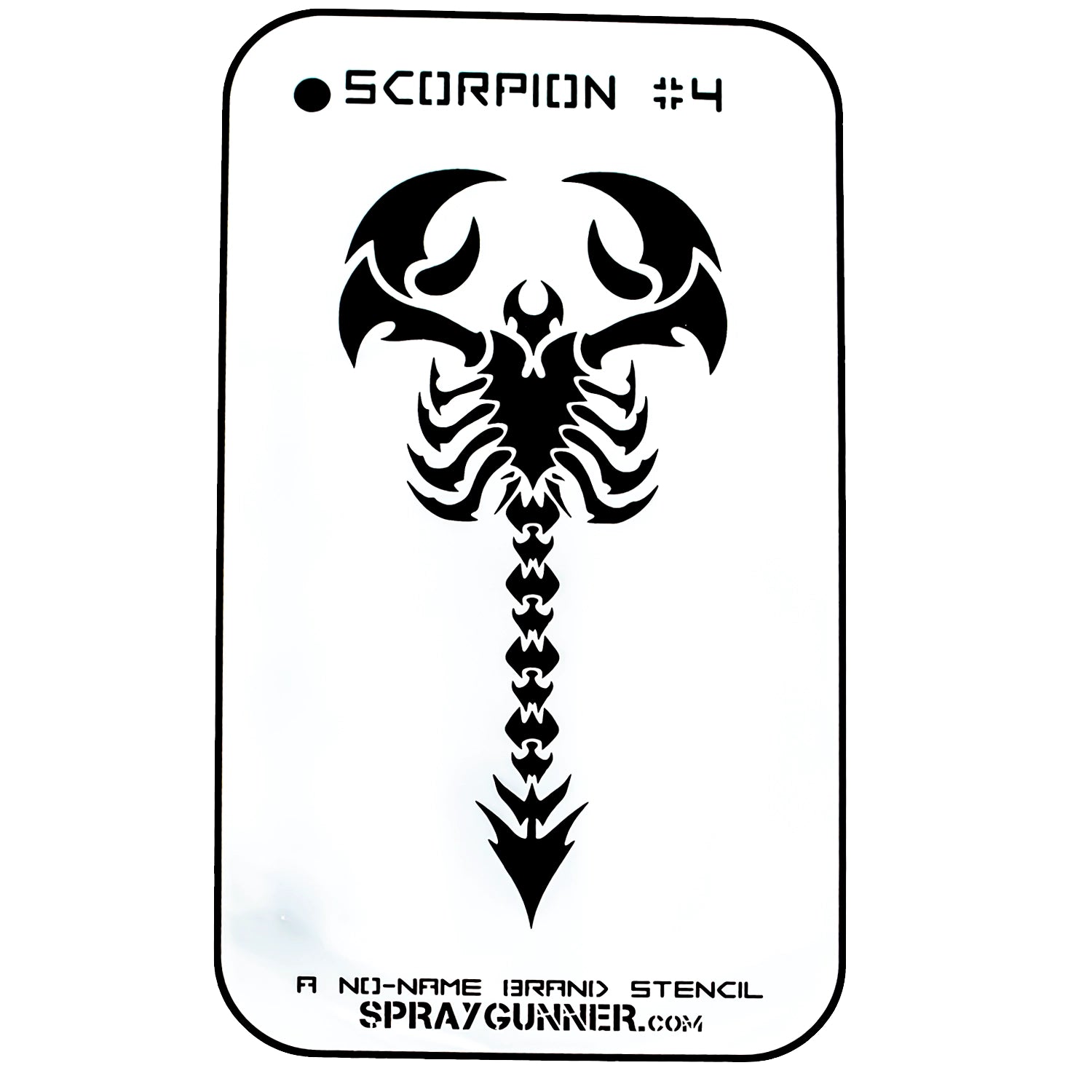 NO-NAME Brand Scorpion Stencil #4 features a bold, symmetrical scorpion design ideal for airbrushing and body art projects. Durable and reusable for hobby use.