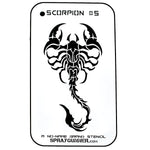NO-NAME Brand Scorpion Stencil #5 features a bold, tribal-style scorpion design ideal for airbrushing and craft detailing on various surfaces.